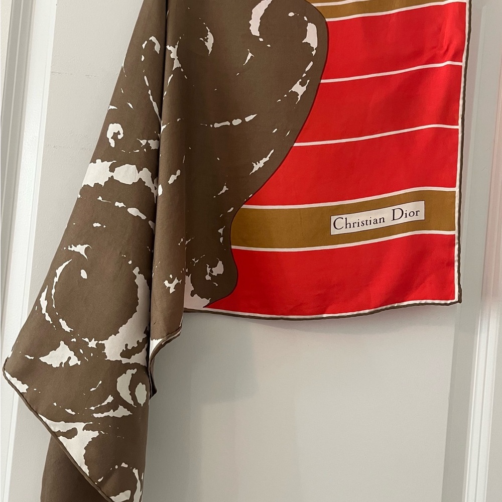 Vintage Christian Dior Brown and Red/Coral Scarf